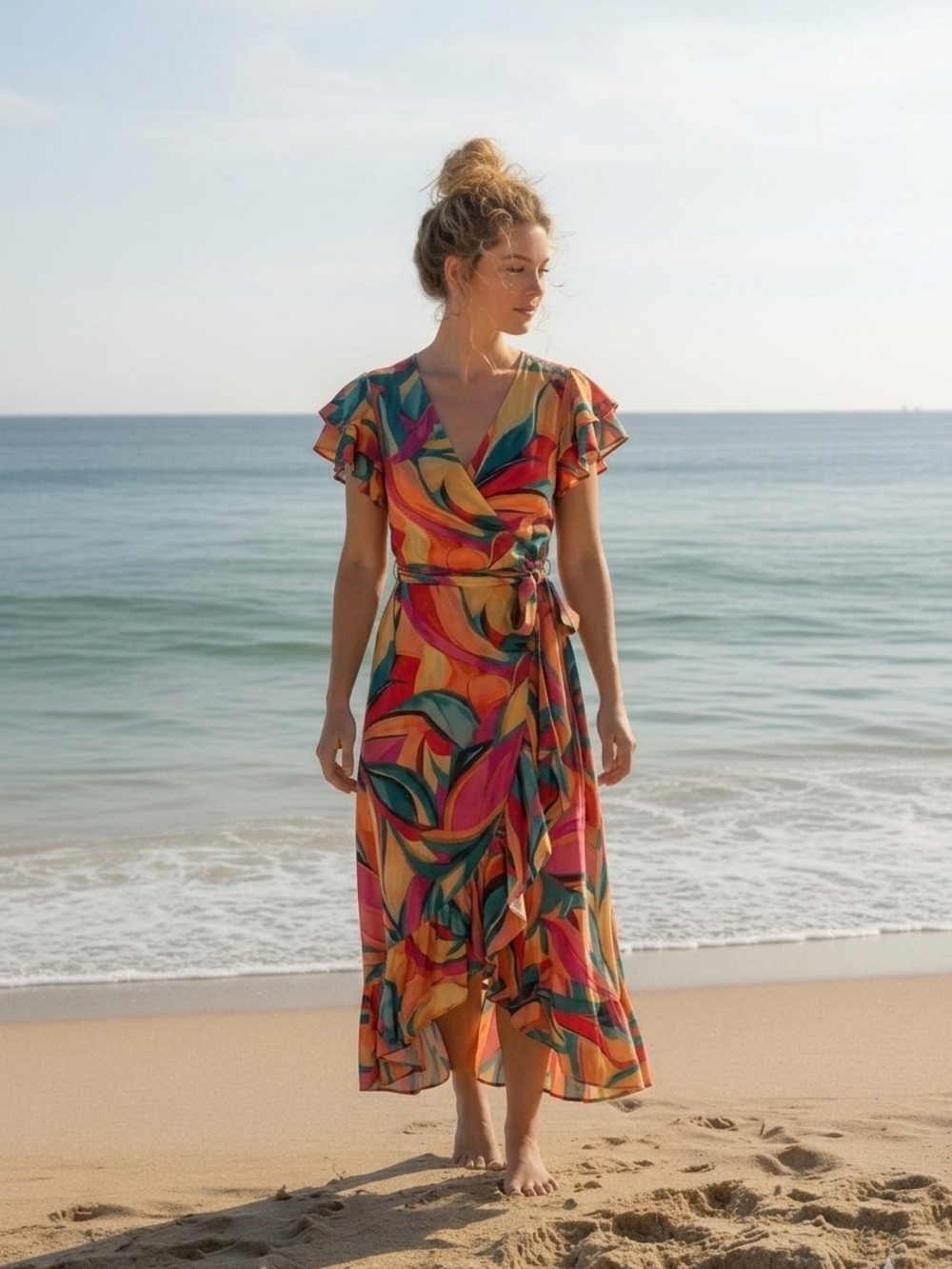 Nicole Miller Flutter Sleeve Ruffle Wrap Midi Dress Abstract Art Print S - Picture 3 of 8